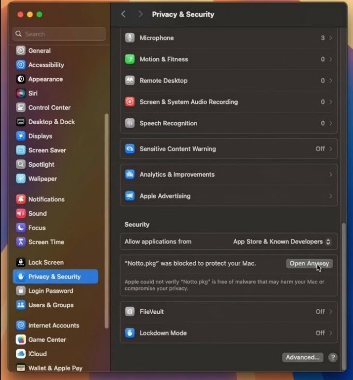 macOS Privacy & Security settings